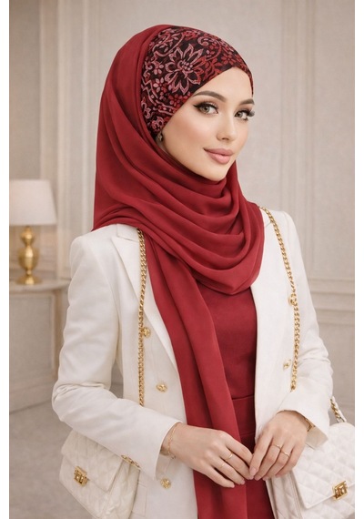 Aişe Tesettür Bordo Siyah Hazır Abiye Şal 60400