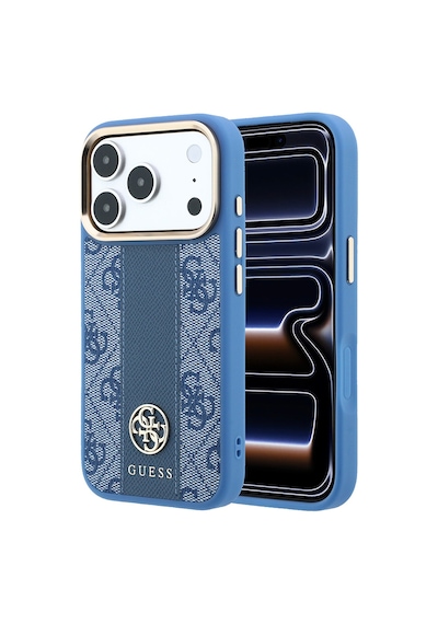 Apple iPhone Uyumlu 18 Pro Kılıf Guess  Lisanslı M-safeli Deri 4g Desenli Şeritli Yazı Logolu Kapak Mavi