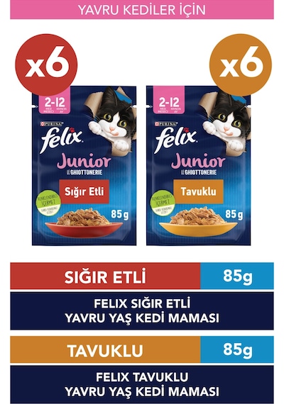 Purina Felix Multipack Sığır ve Tavuk Etli Yavru Kedi Maması 3'lü 4 x 85 G