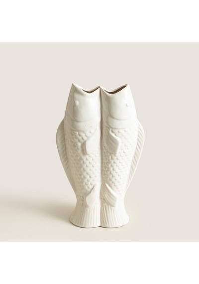 Çift Balık Figürlü Beyaz Stoneware Vazo Natural