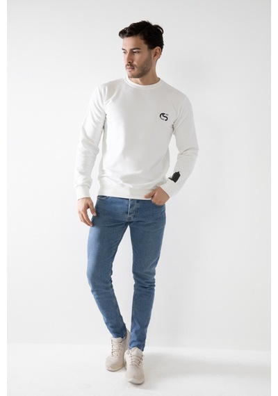 Erkek Beyaz Renk Kapşonsuz Puma Baskılı Sweatshirt