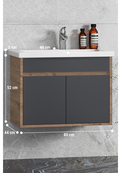 Çiğdem 80 Cm Atlantik Çam-antrasit Gri Mat Mdf Lavabolu Alt Dolap Antrasit - Atlantik Çam