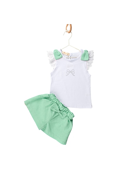 Novy Baby Fiyonklu Taş Baskılı Tshirt Şortlu Kız Çocuk 2'li Takım 2-5 Yaş