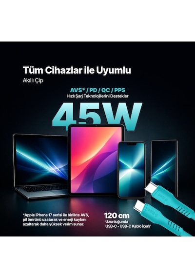 Ttec Smartcharger Gan 45W Avs PD Seyahat Hızlı Şarj Aleti + USB-C - USB-C 3A 120 CM Kablo Neon Mavi