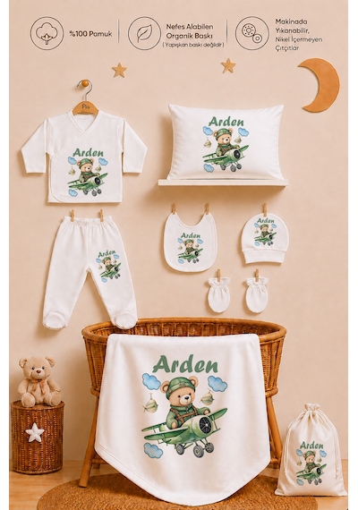 Pia Baby Erkek Bebek Hastane Çıkışı 12 Parça %100 Pamuk İsme Özel Organik Baskılı Kese Hediyeli 101411kyx Ekru