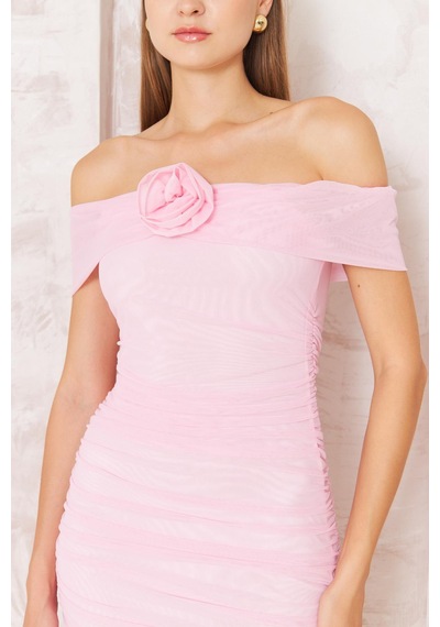 Darlin Moda Kadın Omzu Açık Drapeli Pembe Tül Mini Elbise Dm1048 Pembe