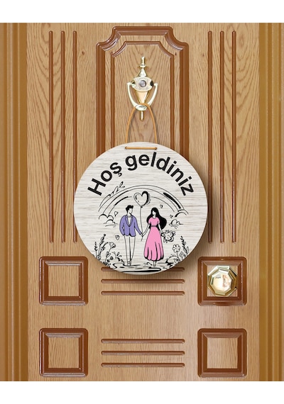 Gül Desenli Kalp Figürlü "evimize Neşe Getirdiniz" Kapı Süsü 22.5 Cm Mdf Halat Askılı Çok Renkli