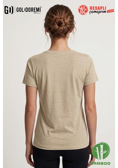 Jiber Kadın Premium Ekstra Esnek Bambu Terletmeyen Hafif Kumaş T-shirt Bej