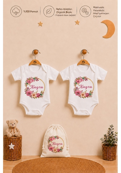 Pia Baby İsme Özel Kız Bebek Hediyesi 2'li %100 Pamuk Organik Baskılı Çıtçıtlı Body Zıbın Ve Ham Bez Kıyafet Kesesi 1072b2k9x Ekru