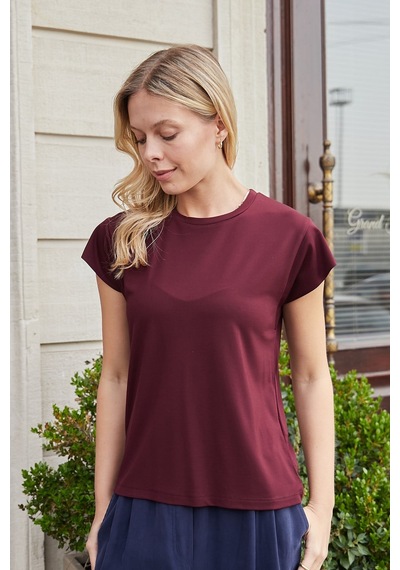 Jument Kadın İpeksi Kumaş Geniş Sıfır Yaka Kısa Kol Tshirt Bluz-bordo