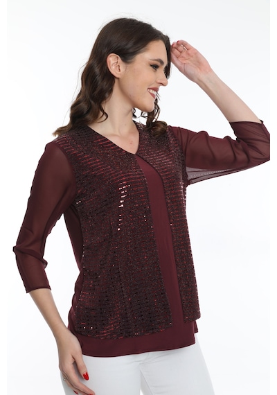 Ella Camelia Kadın Kolları Tül Detaylı Bluz 19E040 Bordo