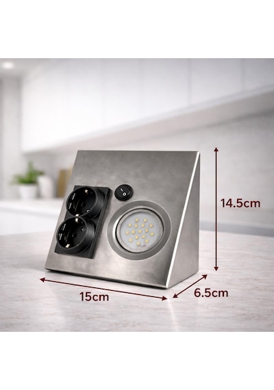 Tezgah Altı Prizli Led Aydınlatma Armatürü 3000k Sıcak Işık İnox Metal Kasa 220v Anahtarlı Çift Prizli Kompakt Tasarım Gri