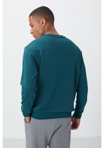 Tommy Life Zümrüt Yazı Nakışlı O Yaka Rahat Form İçi Polarlı Erkek Sweatshirt - 88020 Zümrüt