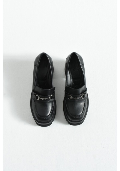 Dabab Shoes Chonora Kadın Siyah Cilt Zincir Detaylı Kalın Taban Topuklu Loafer Siyah - Siyah