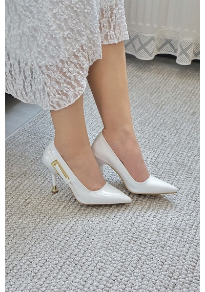 Asmi Shoes Kadın Jenny Beyaz Rugan Stiletto Topuklu Ayakkabı