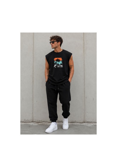 Herkesemoda Palmiye Detaylı Sıfır Kol Bisiklet Yaka T-shirt Siyah