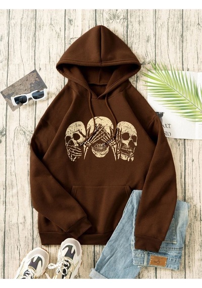 Altamira Unisex Kahverengi Kafatası Baskılı Oversize Kapşonlu Sweatshirt 001