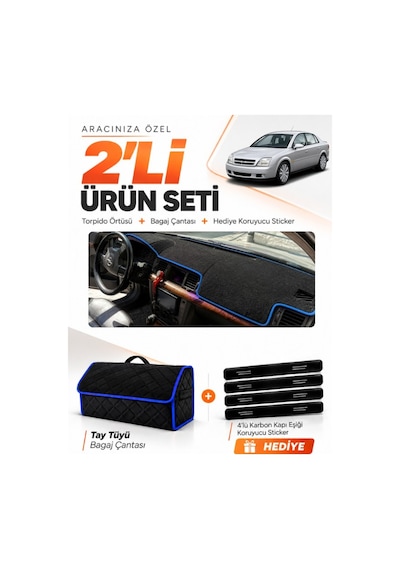E-biz Opel Vectra C 2002-2008 Uyumlu Torpido Örtüsü + Tay Tüyü Bagaj Çantası - Siyah-mavi - Op016