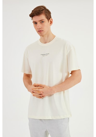 Leo Erkek Oversize Tshirt %100 Pamuk Bisiklet Yaka Baskı Detaylı Basic Tişört Mtlce81 Ekru
