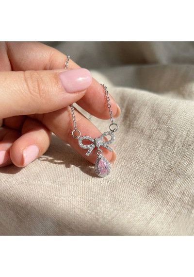 Pembe Damla Taşlı Çelik Kurdele Kolye Gümüş