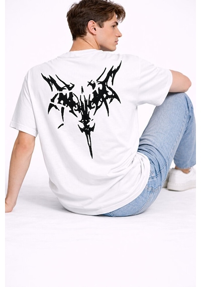 Nevermind Oversize Erkek Tişört Arkası Baskılı Streetwear Siyah Grafik Back Beyaz