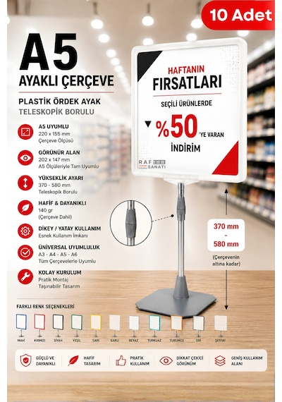 10 Adet - A5 Ayaklı Çerçeve Seti Plastik Ördek Ayak Teleskopik Borulu Fiyat Etiketliği Yönlendirme Levhası Menü Panosu Beyaz