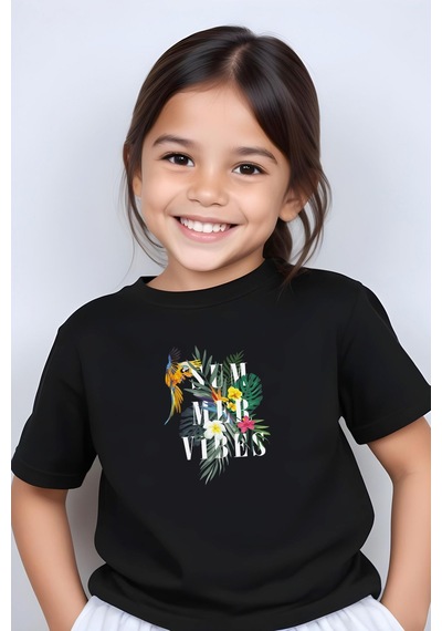 Fyk Kids Kız Çocuk Basic Summer Papağan Baskılı T-shirt Siyah