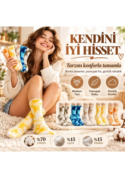 Womanandkids Wak Unisex Batik Spor Çorap 10'lu Set Tie Dye Tenis Çorabı Koyu Retro Renkler Günlük Rahat Konforlu Çok  Renkli