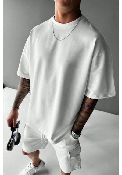 Erkek Beyaz Oversize Kesim Bisiklet Yaka Oversize Tişört Beyaz