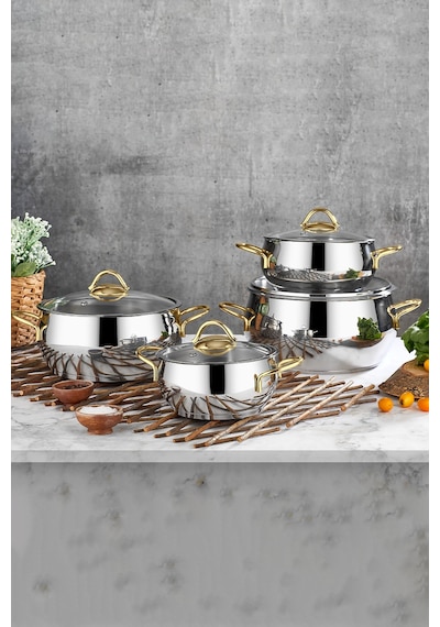Polochef Pro Line 18/10 Paslanmaz Çelik Derin Tencere Seti 8 Parça Gold 18-20-22-24 Cm Gümüş