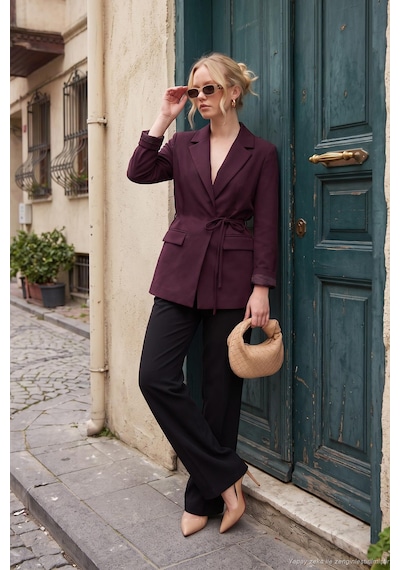 Lela Puantiye Astarlı Belden Bağlamalı Blazer Ceket Kadın Ceket 6524049 Mürdüm
