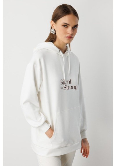 Mizalle Yumuşak Dokulu Kapüşonlu Ekru Sweatshirt Ekru