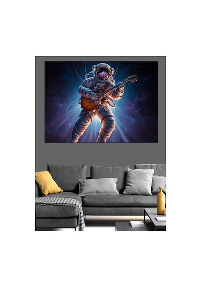 Uzayda Gitar Çalan Modern Astronot Yağlı Boya Dokulu Kanvas Tablo Canvas Tablosu