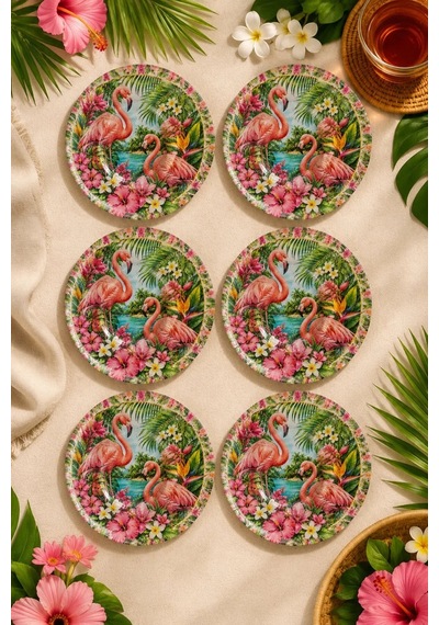 6 Lı Cam Çay Tabağı - Tropikal Flamingo Ve Çiçek Desenli 12 Cm - 6 Adet Çay Tabak Pembe