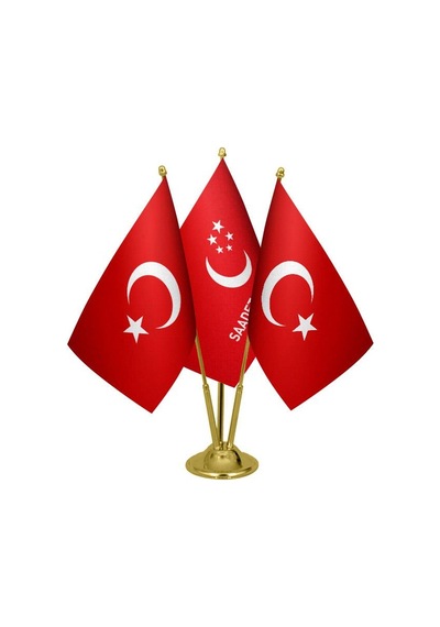 Masa Üstü Saadet Partisi Bayrağı Türk Bayrağı Üçlü Pirinç Direk M