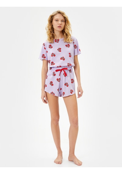 Koton Pijama Takımı Kısa Kollu Şortlu Pamuklu Baskılı Lila 4slk40005mk 4SLK40005MK360 Lila
