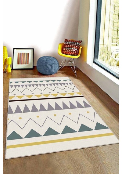Yeşil Sarı Etnik Kaymaz Tabanlı Dekoratif Halı Ar987n11 Yeşil - Sarı