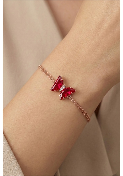 Çekirdekjewelry 925 Ayar Gümüş Rose Gold Kaplama Kırmızı Kelebek Detaylı Şık Bileklik Pembe