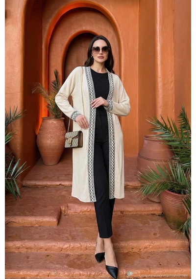 Lela Modest Regular Fit Bağlamalı Nakışlı Tesettür Uzun Kimono Bayan Hırka 5866173 Taş