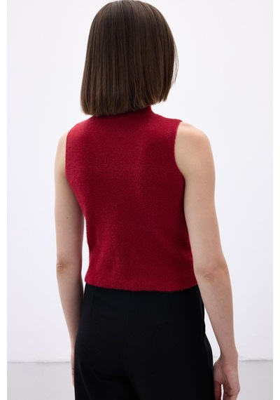 Sateen Sıfır Kol Sakallı Triko Bluz - Bordo-136514 Bordo