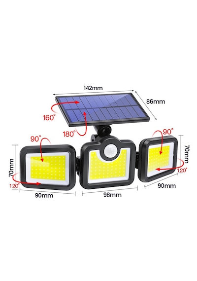 Greentech Güneş Enerjili Hareket Sensörlü, 3 Taraflı 171 Cob Led Aydınlatma / GT-SL15
