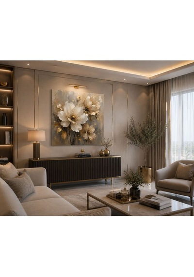 Gold Çiçek Desenli Kare Kanvas Tablo Bej Krem Modern Luxury Salon, Yatak Odası Ve Antre Duvar Dekoru Premium Çerçevesiz Floral Kanvas Tablo