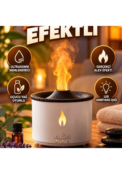 Alev Efektli Ultrasonik Aromaterapi Difüzörü Uçucu Yağ Uyumlu Nemlendirici Ve Led Ambiyans Işığı