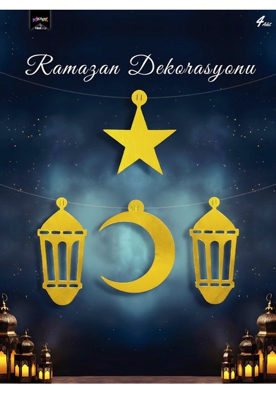 Ramazan Dekorasyon Süs Seti 4 Parça Gold Varaklı Asmalı Duvar Süsü