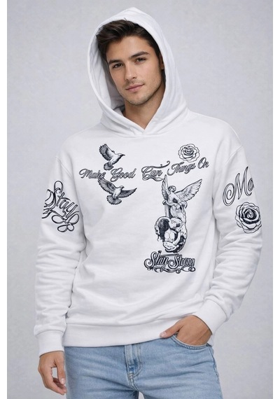 Novalisse Erkek 3 İplik Pamuklu Kapüşonlu Baskılı Sweatshirt Hoodie - Beyaz Çoklu Renk
