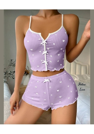 Intive Comfort Kalp Desenli V Yaka İnce Askılı Mini Şortlu Büstiy Lila