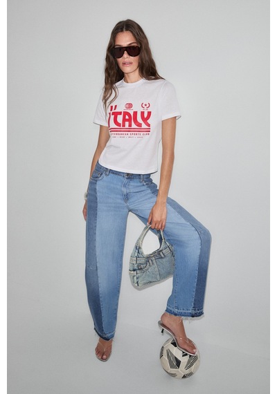 ETHIQUET Ethıquet Algher Kadın Baskı Desenli Kısa Kollu Organik Pamuklu Bisiklet Yaka Crop Beyaz T-shirt