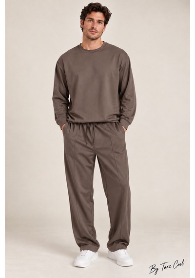 Tarz Cool Erkek Oversize %100 Oyşo Bisiklet Yaka Sweatshirt Bol Paça Alt Üst Takım Kahverengi