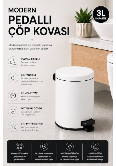 Pedallı Çöp Kovası 3 Litre İç Kovalı Kapaklı Banyo Çöp Kutusu Beyaz - Elit 7003