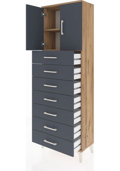 Arges Dolap 2 Raflı 7 Çekmeceli 2 Kapaklı 60x30x182 Çam-antrasit Çam